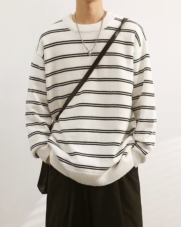 Striped Sweater Men's Autumn And Winter Loose Pullover Sweater Versatile, Thick Base Knit Sweater_viptrois.com