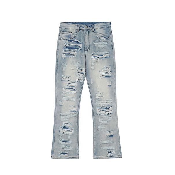 Heavy-Duty Distressed Flared Washed Jeans For Men Trendy Loose Wide-Leg Pants High Street Casual Trousers_viptrois.com