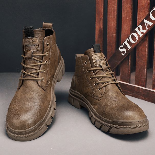 Martin Autumn 2023 New High-top British Style PU Mid-top Leather Shoes Men Black Work Boots Winter_viptrois.com