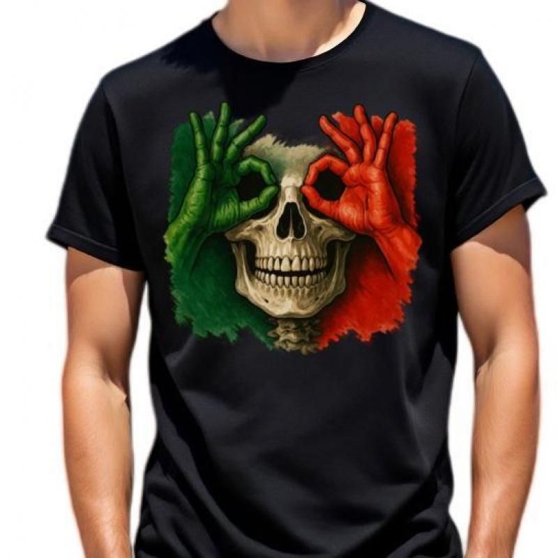 100% Diseñador Moda Algodón Calavera Mexicana Con Colores Bandera - Camiseta Audaz, Regalos Hombres, Top Casual_viptrois.com