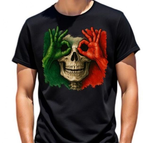 100% Diseñador Moda Algodón Calavera Mexicana Con Colores Bandera - Camiseta Audaz, Regalos Hombres, Top Casual_viptrois.com