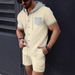 Men's Clothing New Waffle Men's Hooded Color Matching Short Sleeved Cardigan Casual Jacket Shorts Suit_viptrois.com