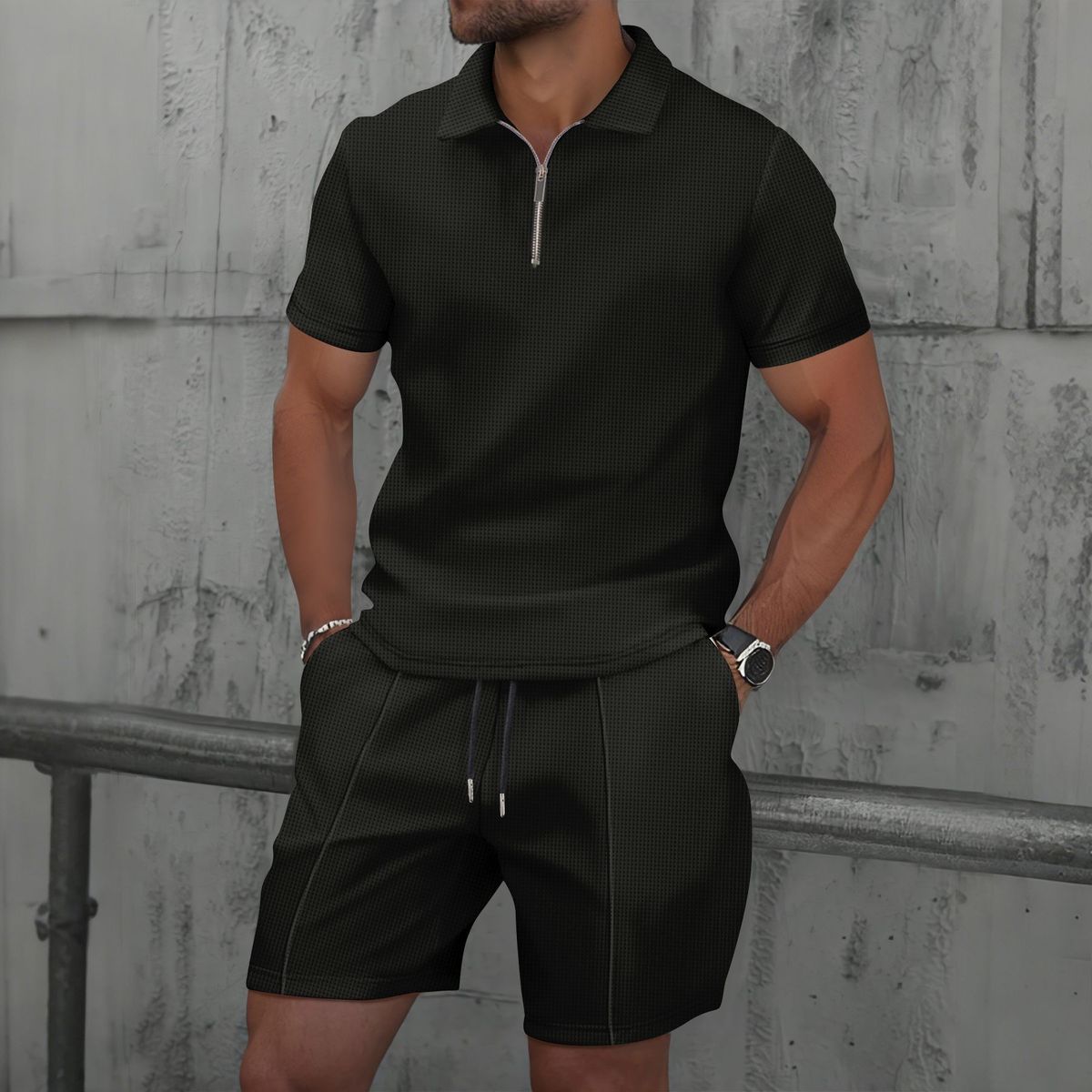 Summer Men's New Waffle Zipper Solid Color Turn-Down Collar Short Sleeve T-Shirt And Shorts Casual Set_viptrois.com