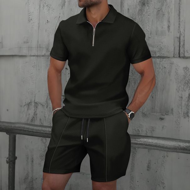 Summer Men's New Waffle Zipper Solid Color Turn-Down Collar Short Sleeve T-Shirt And Shorts Casual Set_viptrois.com