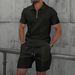 Summer Men's New Waffle Zipper Solid Color Turn-Down Collar Short Sleeve T-Shirt And Shorts Casual Set_viptrois.com