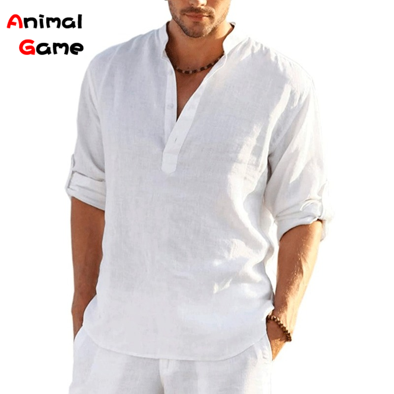 New Men's Solid Color Loose Spring T-shirt Long Sleeve Cotton Linen Shirt Plus Size Shirts Men_viptrois.com