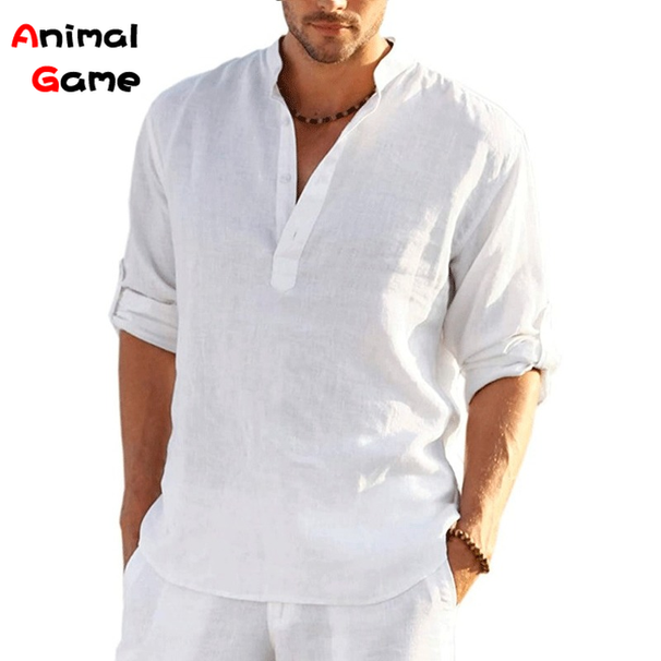 New Men's Solid Color Loose Spring T-shirt Long Sleeve Cotton Linen Shirt Plus Size Shirts Men_viptrois.com