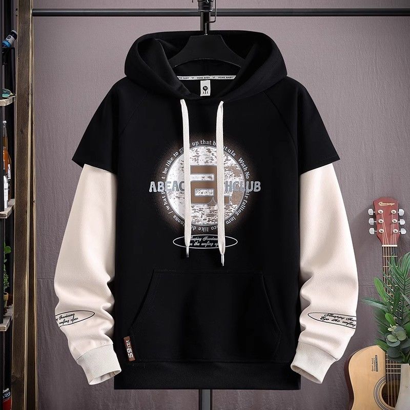 2025 New Trend Hooded Sweater Men's Spring And Autumn Trendy Brand Fake Two-piece Splicing Jacket Casual Top_viptrois.com