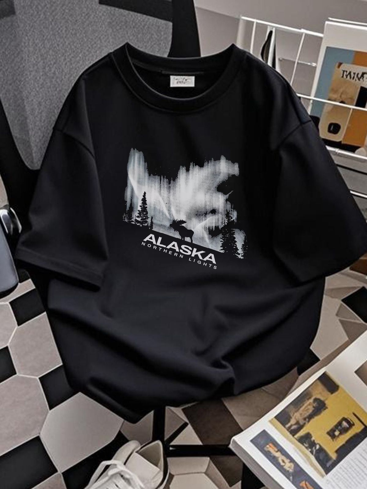 Del Sol Alaska Northern Lights Moose Black T-Shirt Men XL, NWT Versatile Fashion Slightly Stylish Summer Streetwear Soft Graphic Designer Clothes_viptrois.com