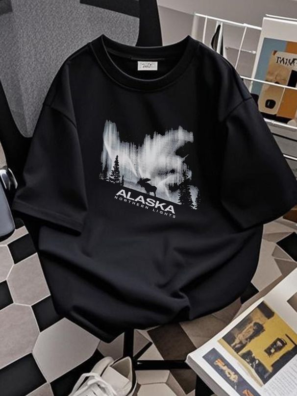 Del Sol Alaska Northern Lights Moose Black T-Shirt Men XL, NWT Versatile Fashion Slightly Stylish Summer Streetwear Soft Graphic Designer Clothes_viptrois.com