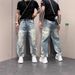 "Men's Distressed Straight Leg Jeans – Vintage Washed Blue Denim With Ripped Details, Trendy Instagram Style (Sizes M-XXXL)"_viptrois.com