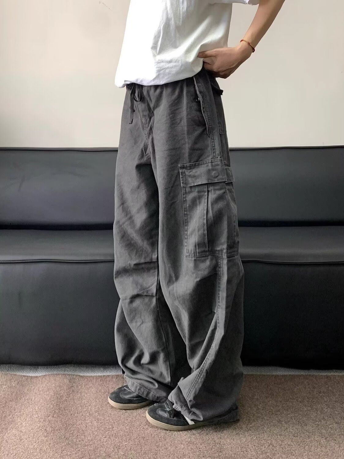 Vintage Washed Cargo Pants For Women - High Waist Oversized Military Joggers With Drawstring & Multi-Pockets_viptrois.com