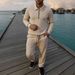 Men's Casual Two-Piece Set Jacquard Polo Shirt With Tapered Pants For Spring/Autumn (Khaki, Black, White, Dark Grey) S-3xl_viptrois.com