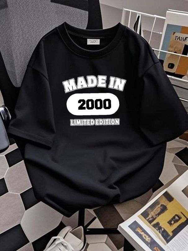 Mens Black Made In 2000 Limited Edition Short Sleeved T-Shirt Top Medium Soft Versatile Summer Homme Streetwear Breathable Stretched Slightly_viptrois.com