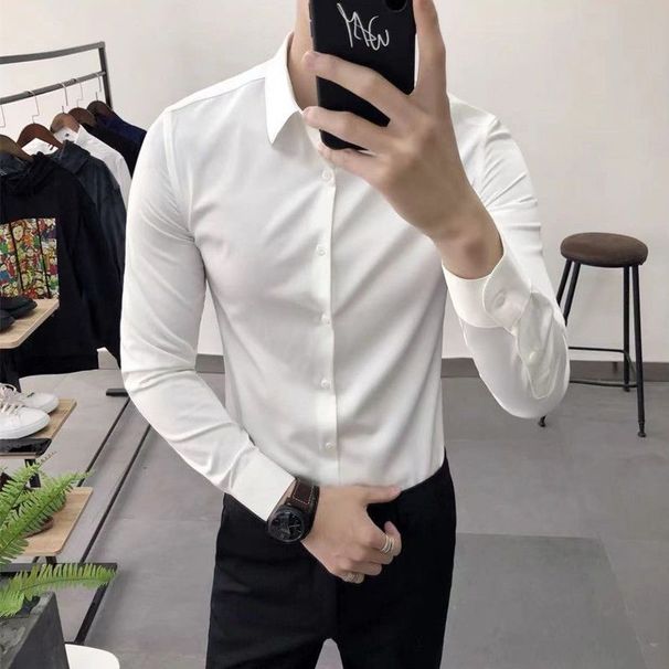 Korean Fashion Trend Casual Elastic Design Sense Short Sleeve Shirt Men's Solid Lapel Collar Button Breathable Simple Slim Tops_viptrois.com