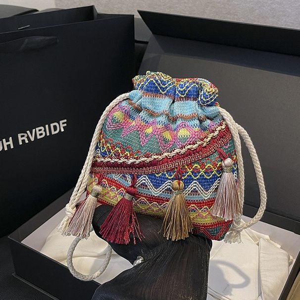 Women's Bucket Bag Girl Ethnic Style Crossbody Bag Tassel Drawstring Purse Purse Female Bucket Bag_viptrois.com