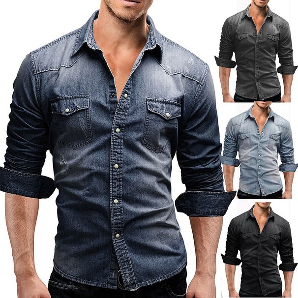 Pulse 2024 Autumn New Cross-Border European And American Fashion Casual Men's Double Pocket Long Sleeve Denim Shirt_viptrois.com