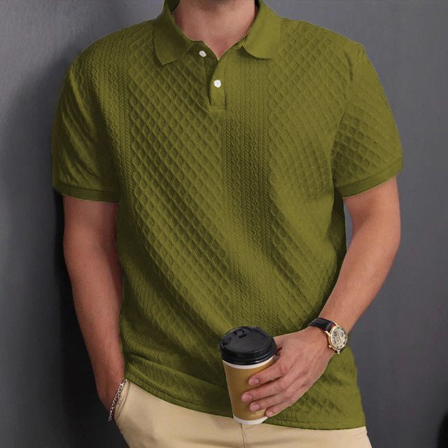 Men's Clothing Jacquard Fabric Button Placket Solid Color Lapel Basic Texture Top_viptrois.com