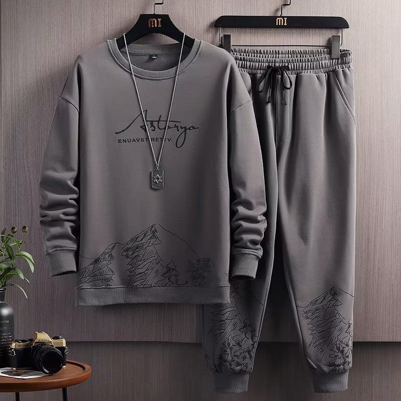 Men's Clothing Snow Mountain Long Sleeve Sweater Suit Men's Autumn New Thin Cotton Round Neck Pullover Fashionable Watermark Two Piece Suit_viptrois.com