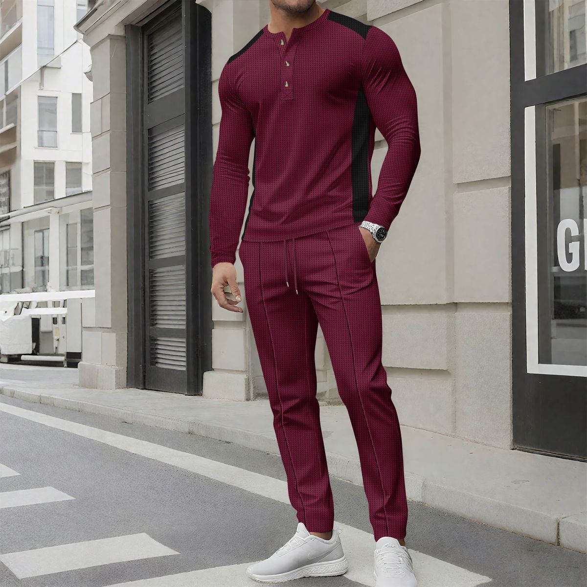 Men's Waffle-Knit Henley Shirt & Pants Set - Long Sleeve High Neck Dual-Button Casual Outfit For Fall (Khaki/White/Gray/Burgundy/Dark Green_viptrois.com