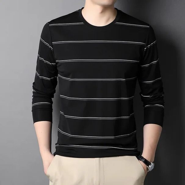 Top Grade Mulberry Silk 5.2% New Fashion Brand Striped 2023 Designer Luxury Men T Shirt Long Sleeve Tops Casual Mens Clothes_viptrois.com