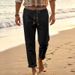 Men's Casual Linen Trousers mid Waist Straight Leg Bohemian Beach Pants Loose Fit Summer Black Solid Color Polyester_viptrois.com