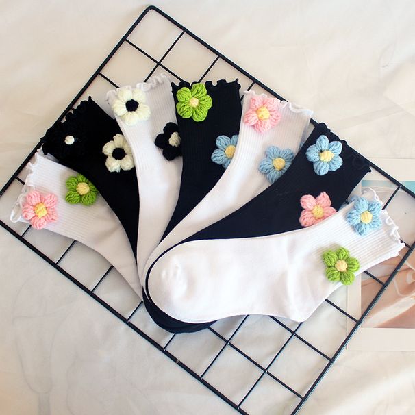 Socks Handmade Flower Socks For Women, Curled Wool Flower Socks, Autumn And Winter Warm Mid Tube Socks, Student Sports Socks_viptrois.com