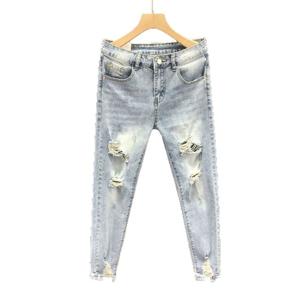 Ins Korean Version Men's Ripped Hole Slim Fit Nine Inch Jeans Summer Youth Fashion Light Blue Rotten Legs Tight Fitting_viptrois.com