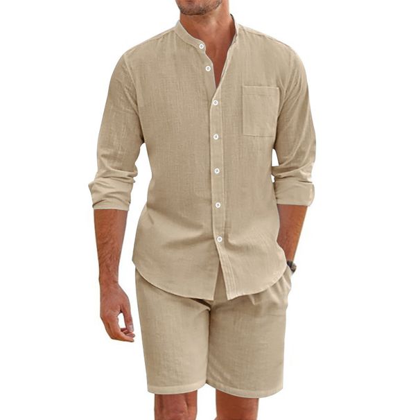 Men's Linen Suit Summer Style Button Down Collar Long Sleeved Shirt Casual Loose Fit Beach Sports Shorts Set_viptrois.com