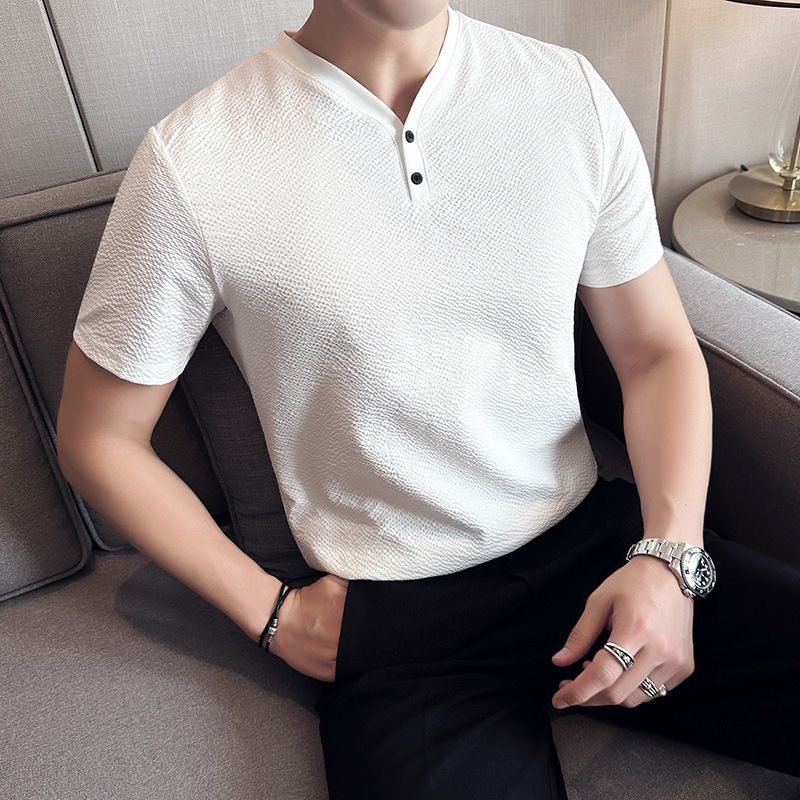 Summer New Thin Waffle Men's Short-sleeved T-shirt Ice Silk Fabric Personalized V-neck Men's Bottoming Shirt Short T-shirt_viptrois.com