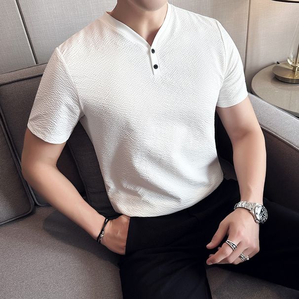Summer New Thin Waffle Men's Short-sleeved T-shirt Ice Silk Fabric Personalized V-neck Men's Bottoming Shirt Short T-shirt_viptrois.com