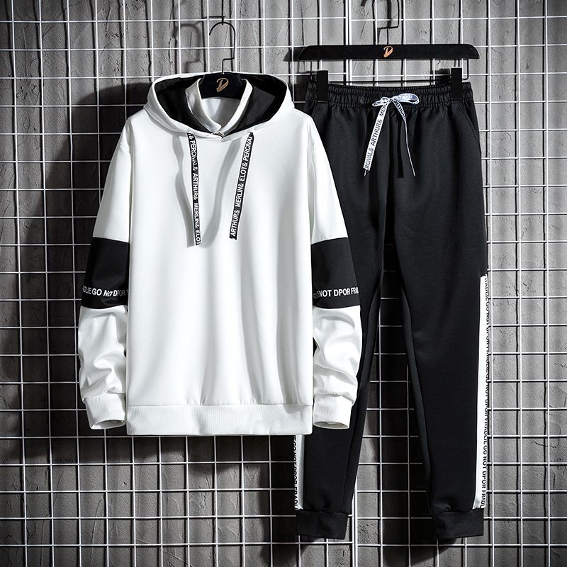 Men's Clothing Autumn Polar Fleece Hooded Sweatshirt Two Piece Suit Slim Nine Point Pants Sports_viptrois.com