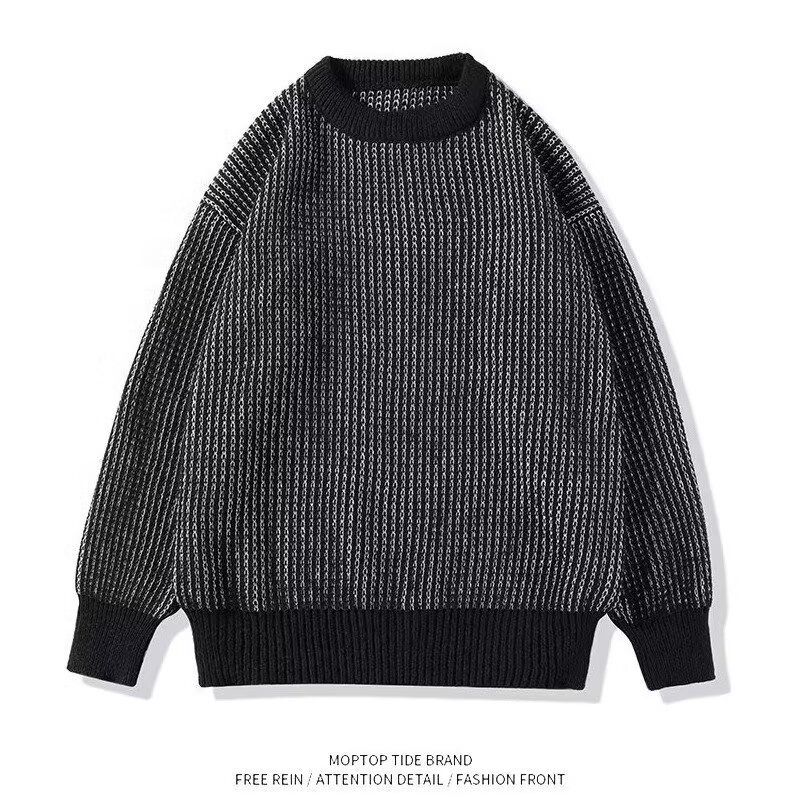 New Retro Striped Round Neck Sweater Men's Casual Loose Knit Sweater Top_viptrois.com