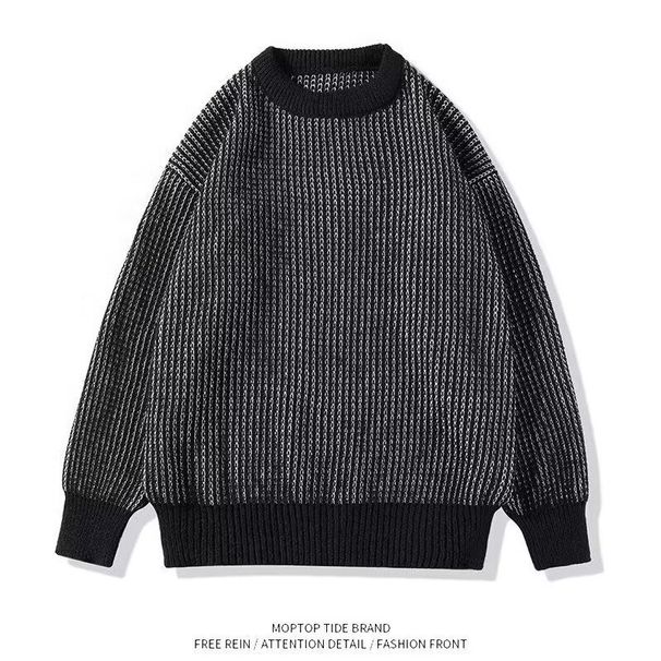 New Retro Striped Round Neck Sweater Men's Casual Loose Knit Sweater Top_viptrois.com