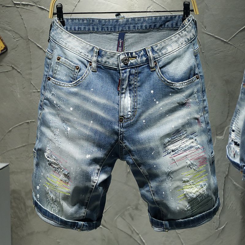 Men's High Street Trendy Men's Fashionable Hand-painted Paint Dot Hole Embroidery Color Thread Five-point Denim Shorts_viptrois.com