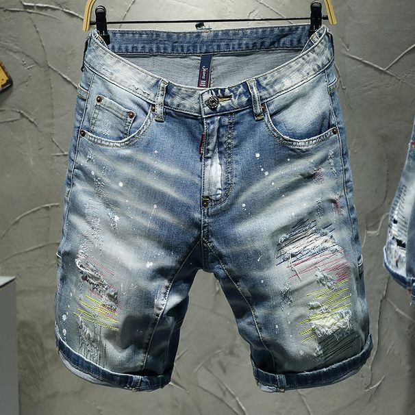 Men's High Street Trendy Men's Fashionable Hand-painted Paint Dot Hole Embroidery Color Thread Five-point Denim Shorts_viptrois.com