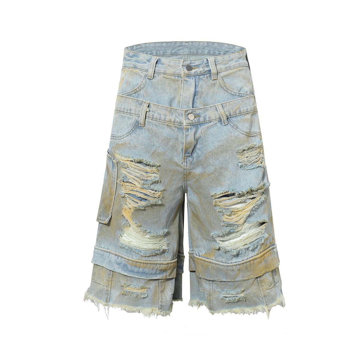 Men’s Clothing Fashion Brand High Street RO Style Shorts Washed Ripped Jeans Straight Leg Personalized Short Pants_viptrois.com