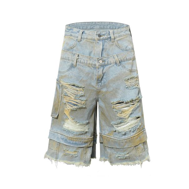 Men’s Clothing Fashion Brand High Street RO Style Shorts Washed Ripped Jeans Straight Leg Personalized Short Pants_viptrois.com