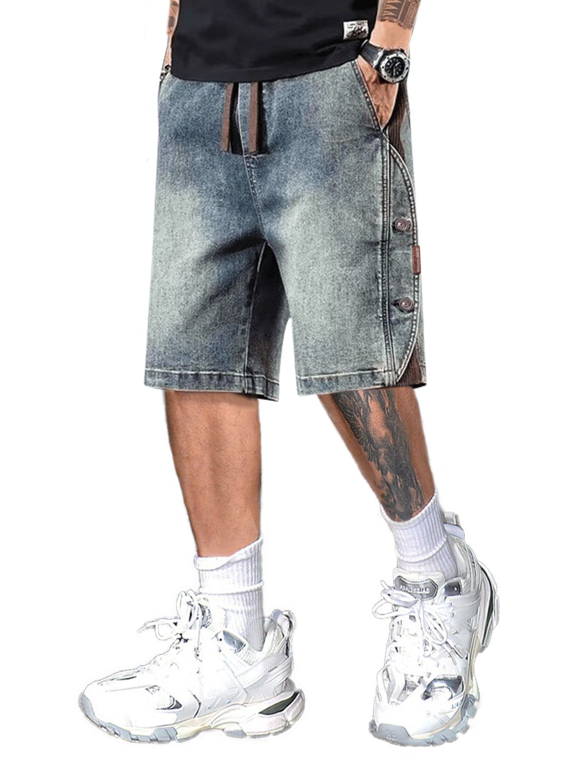 Men's Retro Blue Shorts Decorative Button Details 5 Inch Inseam Loose Straight Leg Casual Breathable Summer Shorts_viptrois.com