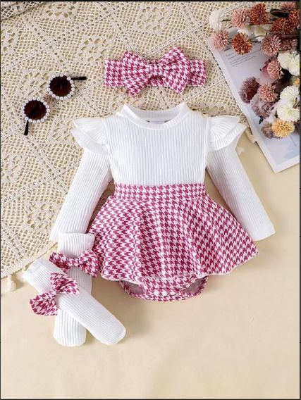 Mother & Kids Baby Girl Suit Flying Sleeves Long Sleeves Romper Pants Skirt Socks Headdress Three Piece Set_viptrois.com