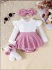 Mother & Kids Baby Girl Suit Flying Sleeves Long Sleeves Romper Pants Skirt Socks Headdress Three Piece Set_viptrois.com