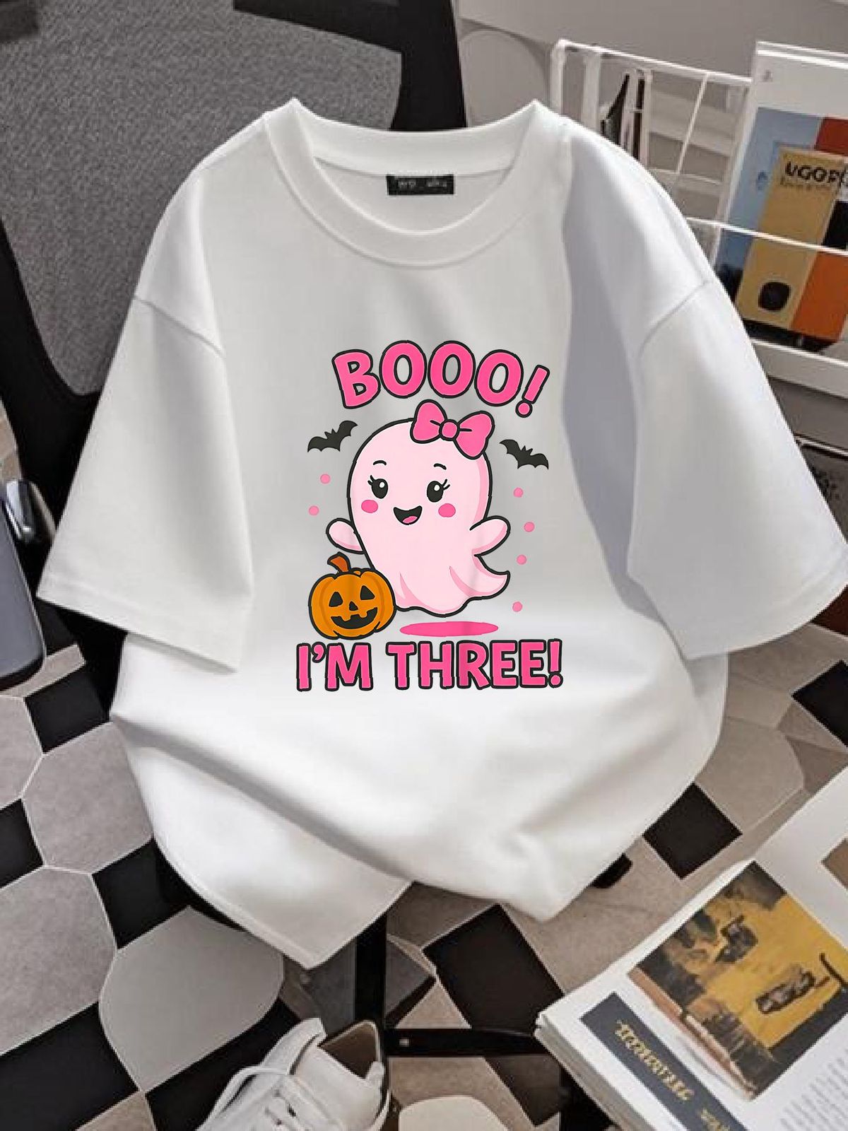 Ghost Boo I'm Three Years 3rd Birthday Toddler Halloween Tee T-Shirt Versatile Women Top Graphic Tees Breathable Stretched Fashion Designer Clothes Comfortable Female Soft Casual Print Round Neck Short Sleeve Women Slightly Top For Everyday Wear_viptrois.com