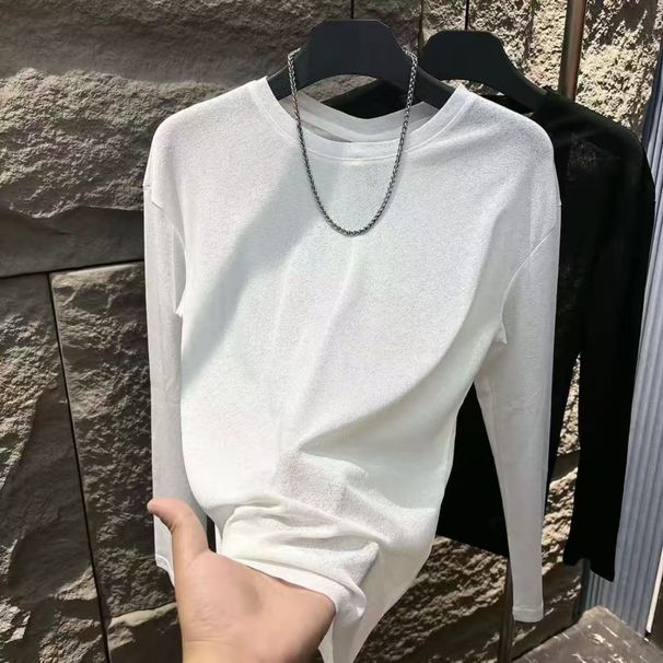 Men's Summer Round Neck Long Sleeve Sun Protection T-Shirt 2025 New Fashion Versatile Youth Solid Color Basic Tee Trendy_viptrois.com