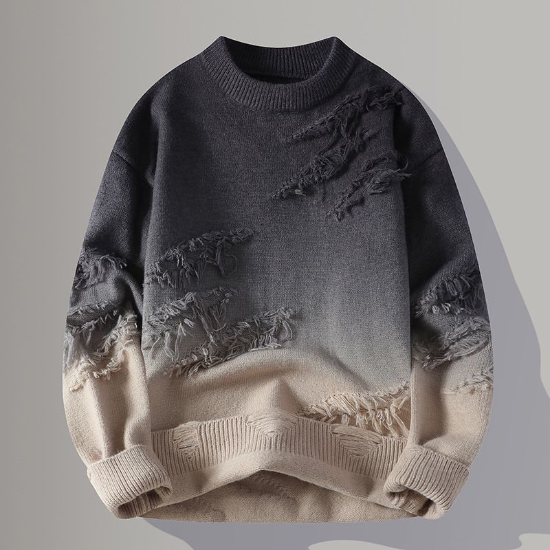 Men's Gradient Knit Sweater – Slim Fit Long Sleeve Pullover (Khaki/Black-White/Green/Blue, M-4XL)_viptrois.com