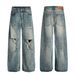 Men's Clothing Retro Street Neutral High End Washed Blue Street Tide Hole Design Loose Men's Scimitar Jeans_viptrois.com
