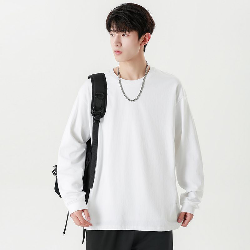Heavyweight Pure Cotton Long Sleeve T-Shirt Men, Solid Color Loose Fit, Autumn And Winter 2024 Sweatshirt, Crew Neck,_viptrois.com