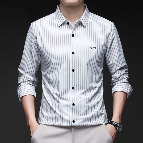 Ds27121 High Elasticity Seamless High-End Business Casual Striped Spring And Autumn Base Men's Long Sleeved Lapel Shirt_viptrois.com