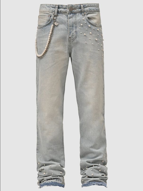 Cross-Border New Men's European And American Street Fashion Ins Hot Style Elastic Stacked Denim Straight-Leg Pants_viptrois.com