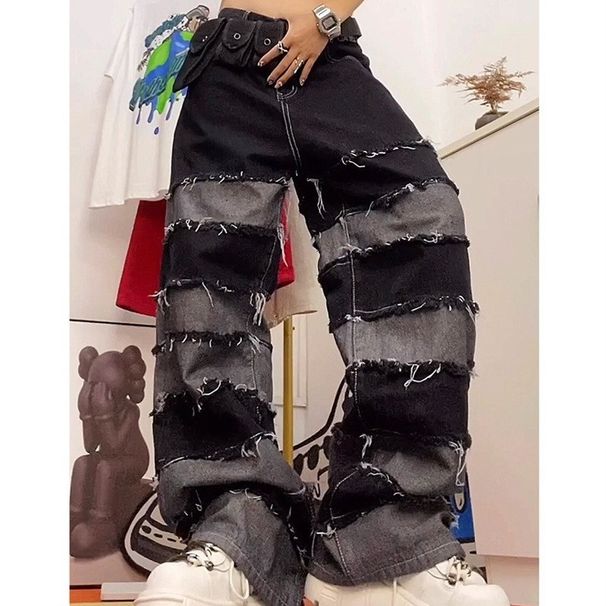 Man's clothing Dark patchwork plus-size jeans men and women straight leg loose vintage hip hop lazy fringe wide-leg pants men and women_viptrois.com