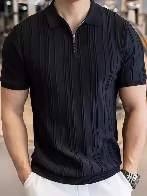 Men's Semi-Zip Short Sleeve Knit Shirt - Breathable Lightweight Pullover With Stylish Lapel Collar, Wrinkle-Free & Machine Washable_viptrois.com